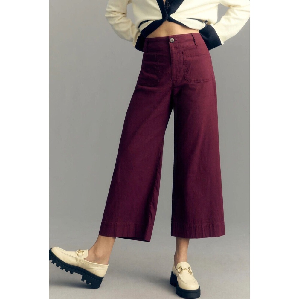 Maeve Anthropologie Colette Wide Leg Pants Burgundy Linen Blend Cropped Size 25